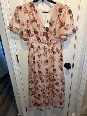 Mikarose Blush Floral Midi Dress with Smocked Waist